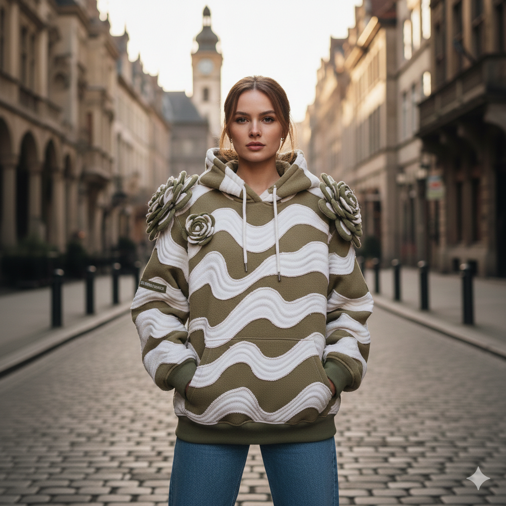 Sculpted Rose Wave Hoodie – Olive