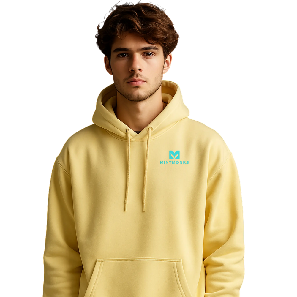 butter yellow hoodie with tree and snake design by mintimonks sustainable fashion brand vienna